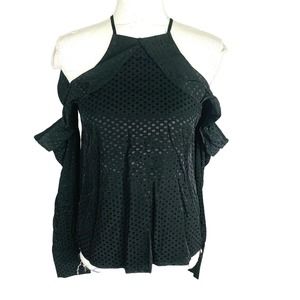 New Bardot Womens Sky Frill Top Sz 4 Black Dots Cold Shoulder‎ Halter NWT